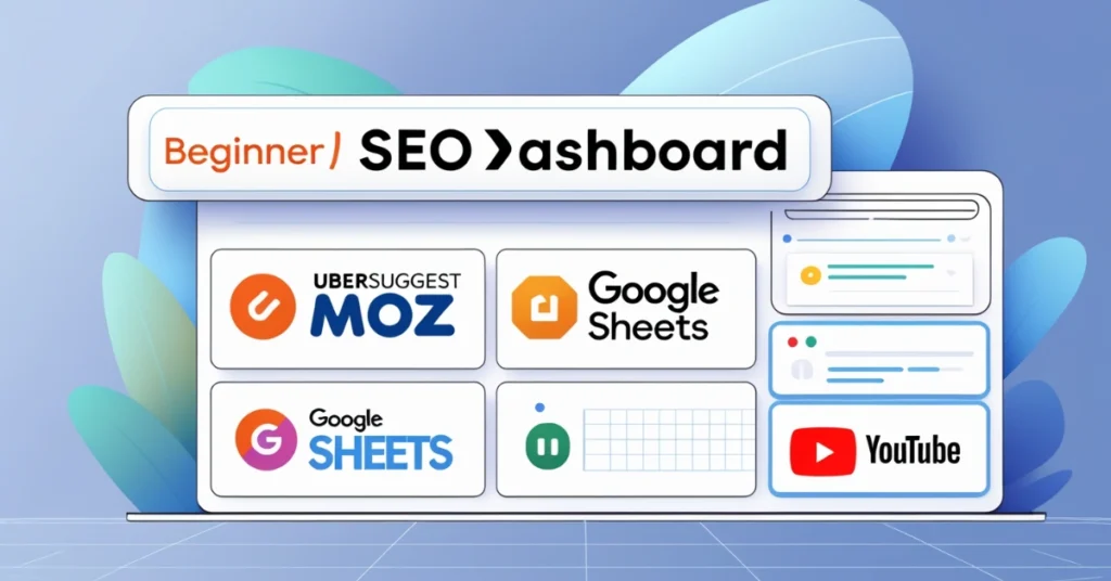 Beginner SEO toolkit showing Ubersuggest, Moz, Google Sheets, and YouTube as free tools for learning link building