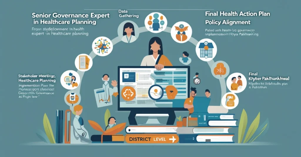 Visual guide showing the key responsibilities of a Senior Governance Expert in district health planning in KP, Pakistan