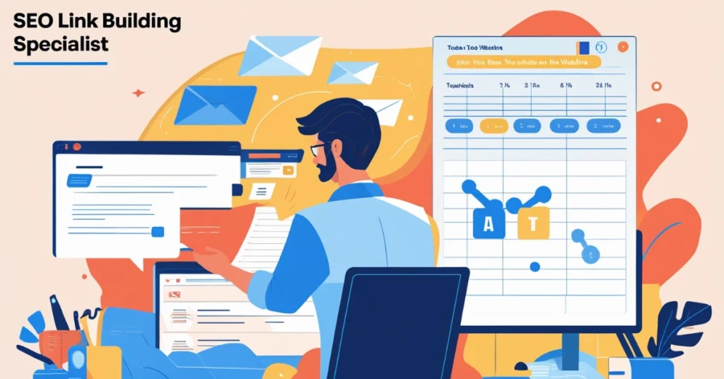 Visual overview of a day in the life of an SEO Link Building Specialist including email outreach, SEO tools, and backlink tracking